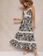 defox Rochie Neagră din Bumbac cu Croială Cloș cu Imprimeu Etnic Taliraya