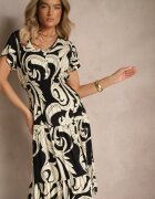 defox Rochie Neagră din Bumbac cu Motiv Abstract și Nasturi Talivea