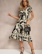 defox Rochie Neagră din Bumbac cu Motiv Abstract și Nasturi Talivea
