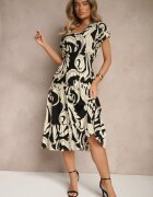 defox Rochie Neagră din Bumbac cu Motiv Abstract și Nasturi Talivea