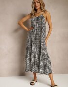 defox Rochie Neagră din Bumbac Decorată cu Motiv Geometric Nilavionea