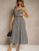 defox Rochie Neagră din Bumbac Decorată cu Motiv Geometric Nilavionea