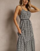 defox Rochie Neagră din Bumbac Decorată cu Motiv Geometric Nilavionea