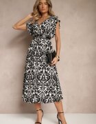 defox Rochie neagră din bumbac evazată cu volane cu imprimeu floral Zalimara