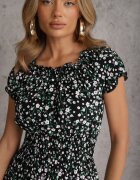 defox Rochie Neagră din bumbac Midi Stil spaniol cu elastic în talie Dnise