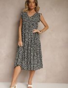 defox Rochie neagră evazată din Bumbac cu Decolteu în V Ornată cu Volane Iffilara