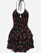 defox Rochie Neagră Halter cu croială evazată cu volane cu cireșe Lanelora
