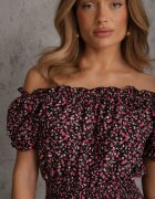 defox Rochie neagră și roșie din bumbac cu elastic în talie stil spaniol Jazmi