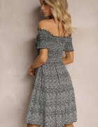 defox Rochie Neagră Stil Spaniol din Bumbac cu Elastice Încrețite și Volan Neasha