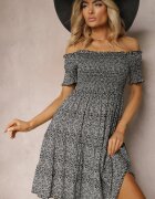 defox Rochie Neagră Stil Spaniol din Bumbac cu Elastice Încrețite și Volan Neasha