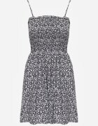 defox Rochie Negru-Alb din Bumbac cu Bretele cu Fustă Cloș și Partea Superioară Încrețită Risetto