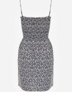 defox Rochie Negru-Alb din Bumbac cu Bretele cu Fustă Cloș și Partea Superioară Încrețită Risetto