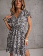 defox Rochie Negru-Alb din Bumbac cu flori cu elastic în talie și Mâneci Scurte Nahone