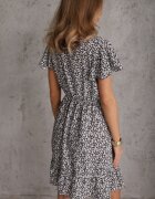 defox Rochie Negru-Alb din Bumbac cu flori cu elastic în talie și Mâneci Scurte Nahone