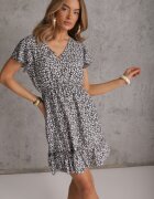 defox Rochie Negru-Alb din Bumbac cu flori cu elastic în talie și Mâneci Scurte Nahone