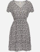 defox Rochie Negru-Alb din Bumbac cu flori cu elastic în talie și Mâneci Scurte Nahone