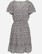 defox Rochie Negru-Alb din Bumbac cu flori cu elastic în talie și Mâneci Scurte Nahone