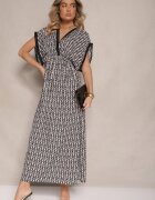 defox Rochie Negru-Alb Evazată din Bumbac Finisată cu Dantelă Lanadria