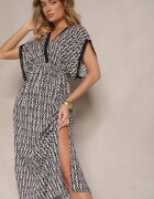 defox Rochie Negru-Alb Evazată din Bumbac Finisată cu Dantelă Lanadria
