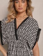 defox Rochie Negru-Alb Evazată din Bumbac Finisată cu Dantelă Lanadria