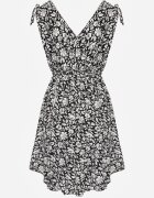 defox Rochie Negru-Albă din bumbac cu bretele groase cu elastic în talie închisă cu nasturi Tessri