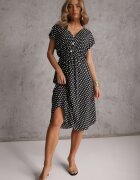 defox Rochie Negru-Albă din bumbac cu croială evazată cu elastic în talie Emilla