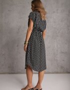 defox Rochie Negru-Albă din bumbac cu croială evazată cu elastic în talie Emilla