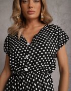 defox Rochie Negru-Albă din bumbac cu croială evazată cu elastic în talie Emilla