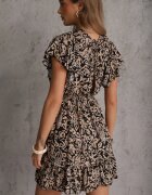 defox Rochie Negru-Bej din Bumbac cu Croială Evazată Decorată cu Volane și Elastic în Talie Neliaura
