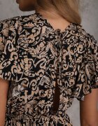 defox Rochie Negru-Bej din Bumbac cu Croială Evazată Decorată cu Volane și Elastic în Talie Neliaura
