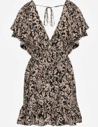 defox Rochie Negru-Bej din Bumbac cu Croială Evazată Decorată cu Volane și Elastic în Talie Neliaura