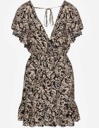 defox Rochie Negru-Bej din Bumbac cu Croială Evazată Decorată cu Volane și Elastic în Talie Neliaura