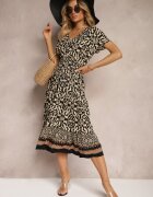 defox Rochie Negru-Bej din Bumbac cu Decolteu Triunghiular și Elastic în Talie Încheiată cu Nasturi Lavlea