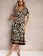 defox Rochie Negru-Bej din Bumbac cu Decolteu Triunghiular și Elastic în Talie Încheiată cu Nasturi Lavlea