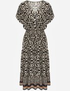 defox Rochie Negru-Bej din Bumbac cu Decolteu Triunghiular și Elastic în Talie Încheiată cu Nasturi Lavlea