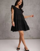 defox Rochie Negru cu Mânecă Scurtă și Volane Decorative cu Croială Cloș Vetesa