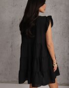 defox Rochie Negru cu Mânecă Scurtă și Volane Decorative cu Croială Cloș Vetesa