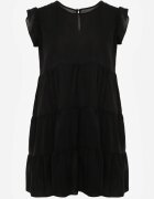 defox Rochie Negru cu Mânecă Scurtă și Volane Decorative cu Croială Cloș Vetesa