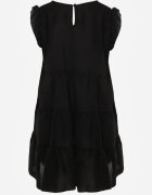 defox Rochie Negru cu Mânecă Scurtă și Volane Decorative cu Croială Cloș Vetesa