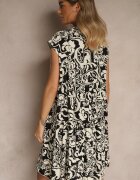 defox Rochie Negru Oversize din Bumbac cu Model Ornamental Folazea