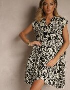 defox Rochie Negru Oversize din Bumbac cu Model Ornamental Folazea