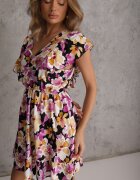 defox Rochie Negru-Roz Cambrată de bumbac Cu flori Cu volane la umeri Cu elastic în talie Nelova