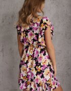 defox Rochie Negru-Roz Cambrată de bumbac Cu flori Cu volane la umeri Cu elastic în talie Nelova