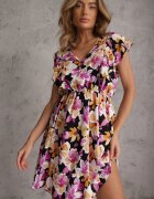 defox Rochie Negru-Roz Cambrată de bumbac Cu flori Cu volane la umeri Cu elastic în talie Nelova