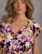 defox Rochie Negru-Roz Cambrată de bumbac Cu flori Cu volane la umeri Cu elastic în talie Nelova