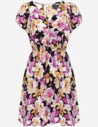 defox Rochie Negru-Roz Cambrată de bumbac Cu flori Cu volane la umeri Cu elastic în talie Nelova