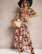 defox Rochie Negru-Roz Din Bumbac De Vară Decorată cu Model Boho Colorat cu Elastic în Talie Pythia