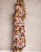defox Rochie Negru-Roz Din Bumbac De Vară Decorată cu Model Boho Colorat cu Elastic în Talie Pythia