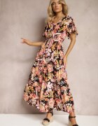 defox Rochie Negru-Roz Din Bumbac De Vară Decorată cu Model Boho Colorat cu Elastic în Talie Pythia
