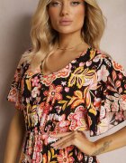 defox Rochie Negru-Roz Din Bumbac De Vară Decorată cu Model Boho Colorat cu Elastic în Talie Pythia